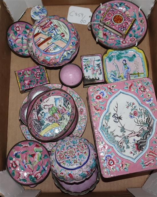 A large group of Chinese Canton enamel pink ground wares, 19th/20th century